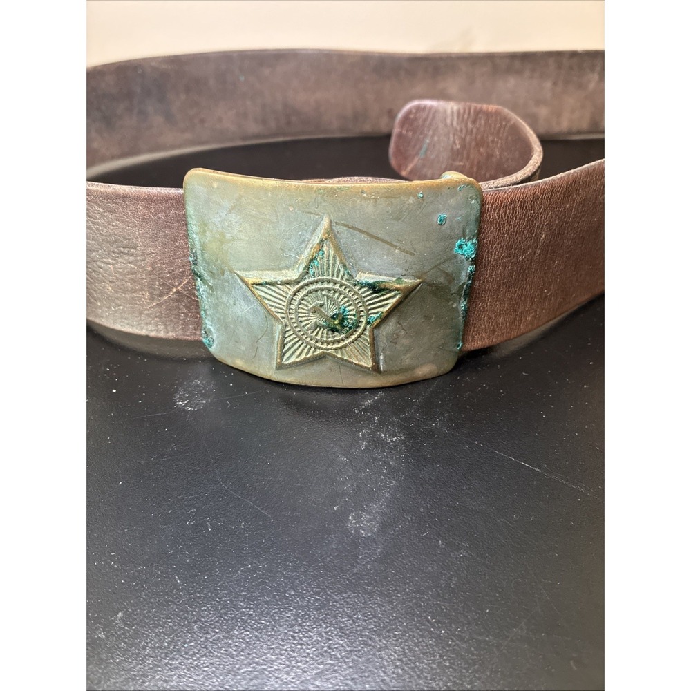 Soviet Russian Military Leather Belt Brass Star Buckle Vintage Post WWII